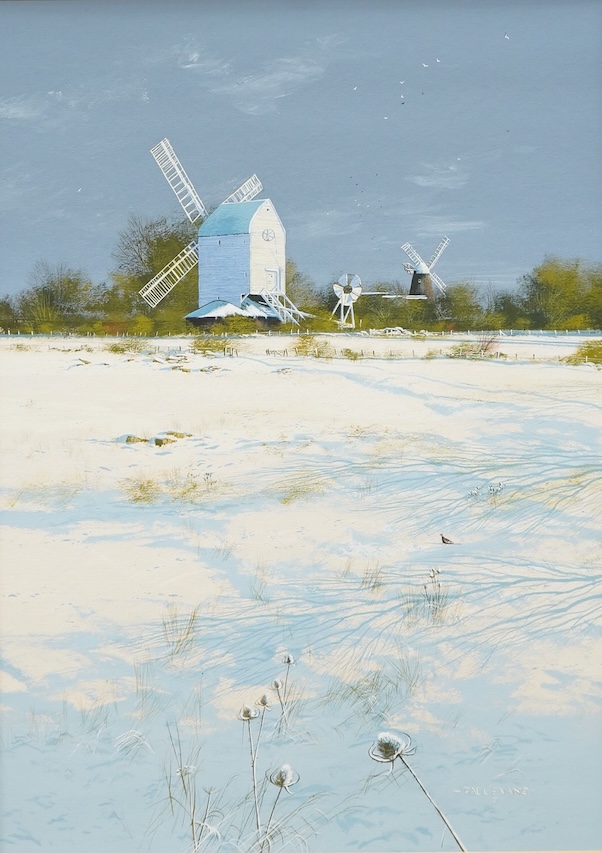Paul Evans (b.1950), ‘Jack and Jill Windmills near Ditchling’, signed, gouache, 48 x 35cm